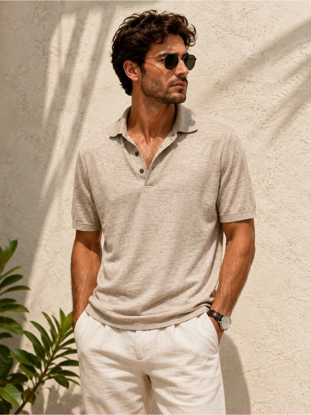 Filippo De Laurentiis Linen Cotton Knit Polo Shirt Beige Size 52